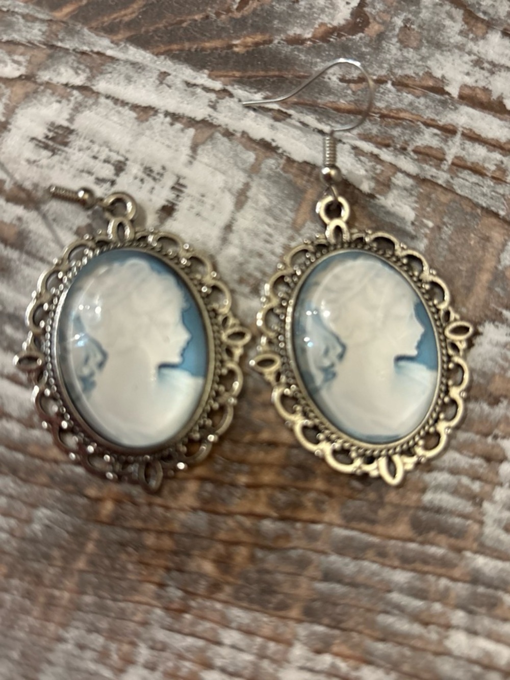 Vintage-Inspired Silver Cameo Drop Earrings in Blue and White